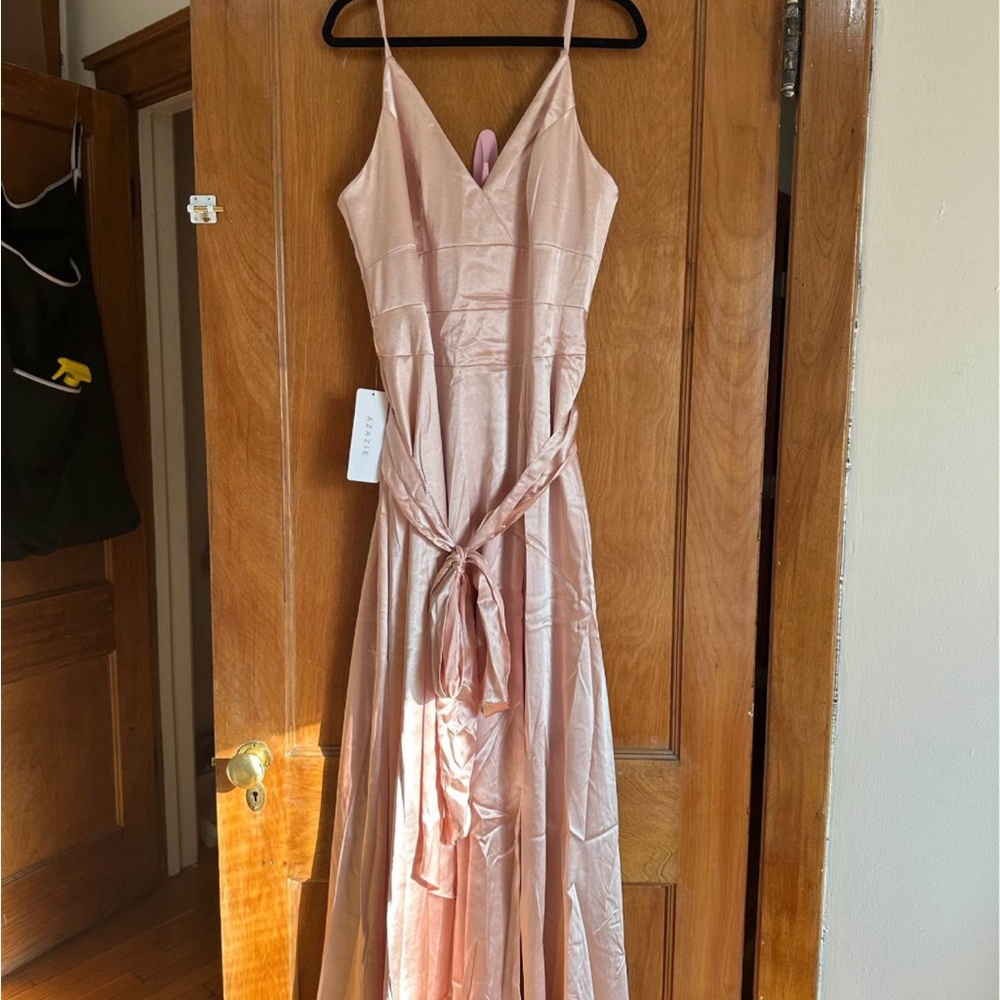Azazie Blush Satin Maxi Dress